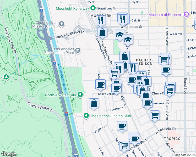 map of restaurants, bars, coffee shops, grocery stores, and more near 4608 Brunswick Avenue in Los Angeles