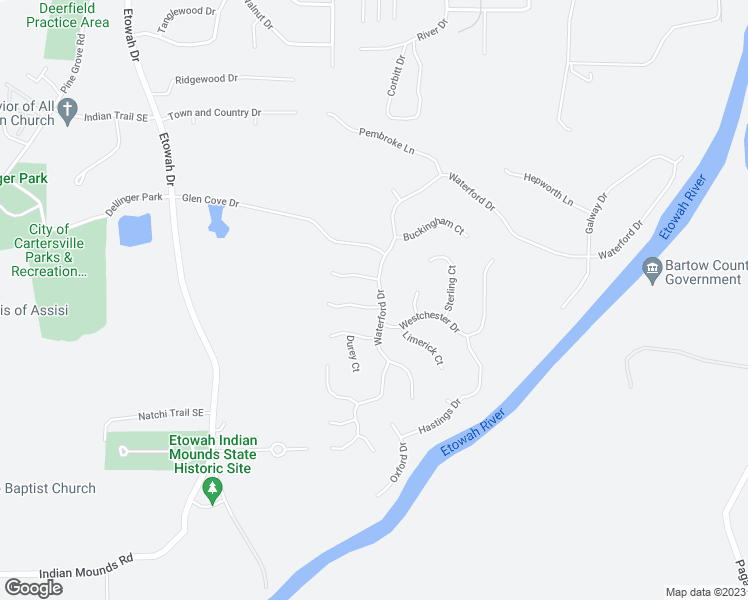 map of restaurants, bars, coffee shops, grocery stores, and more near 508 Waterford Drive in Cartersville