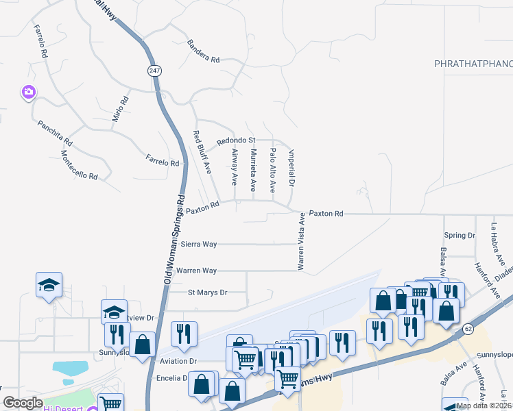 map of restaurants, bars, coffee shops, grocery stores, and more near 57455 Paxton Road in Yucca Valley