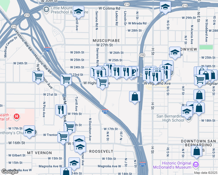 map of restaurants, bars, coffee shops, grocery stores, and more near in San Bernardino
