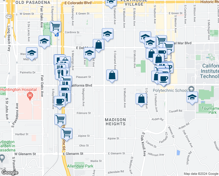 map of restaurants, bars, coffee shops, grocery stores, and more near 484 East California Boulevard in Pasadena