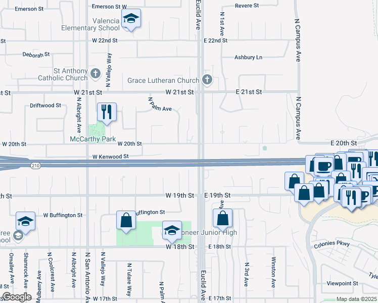 map of restaurants, bars, coffee shops, grocery stores, and more near 1997 North Euclid Avenue in Upland