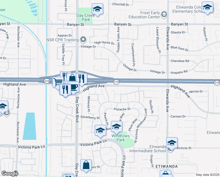 map of restaurants, bars, coffee shops, grocery stores, and more near 12420 Silk Oak Court in Rancho Cucamonga