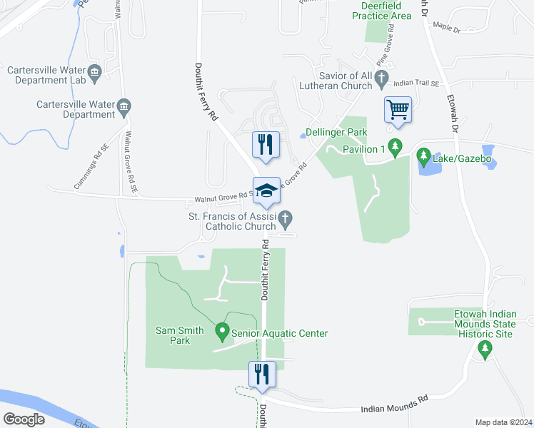 map of restaurants, bars, coffee shops, grocery stores, and more near 1140-1198 Douthit Ferry Road in Cartersville