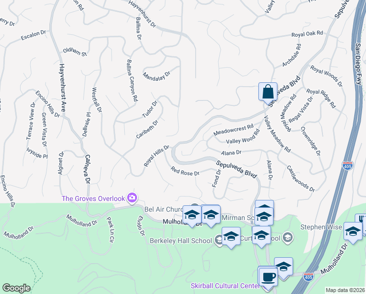 map of restaurants, bars, coffee shops, grocery stores, and more near 16229 Meadowcrest Road in Los Angeles