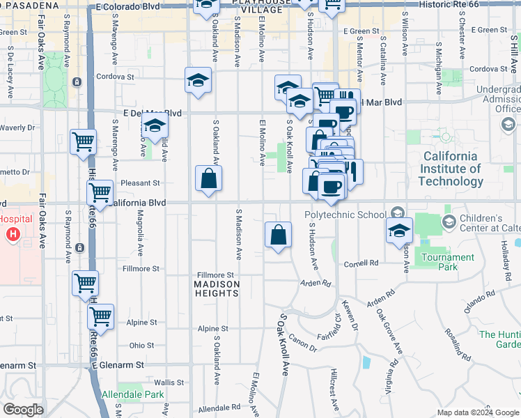 map of restaurants, bars, coffee shops, grocery stores, and more near 601 South El Molino Avenue in Pasadena