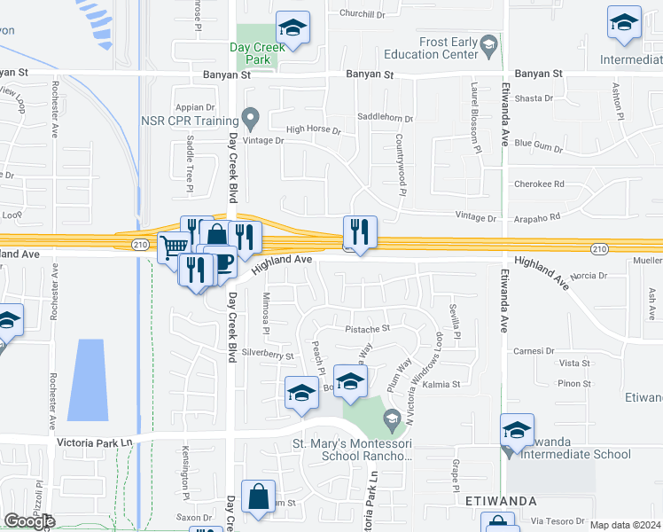 map of restaurants, bars, coffee shops, grocery stores, and more near 12420 Silk Oak Court in Rancho Cucamonga
