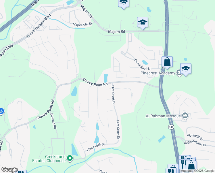map of restaurants, bars, coffee shops, grocery stores, and more near 2720 Hermitage Drive in Cumming