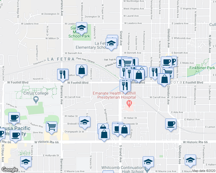 map of restaurants, bars, coffee shops, grocery stores, and more near 550 West Foothill Boulevard in Glendora