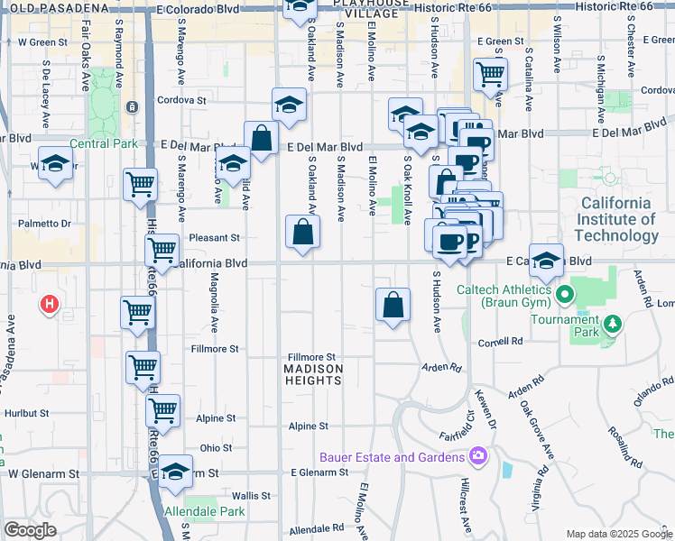 map of restaurants, bars, coffee shops, grocery stores, and more near 595 South Madison Avenue in Pasadena