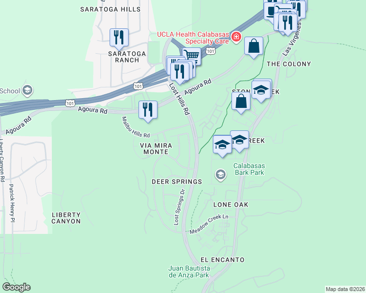 map of restaurants, bars, coffee shops, grocery stores, and more near 4136 Arroyo Willow Lane in Agoura Hills