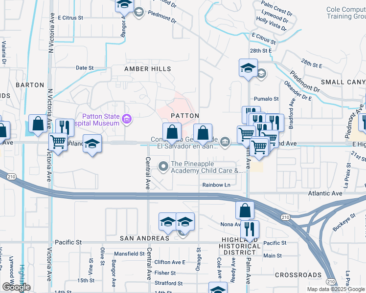 map of restaurants, bars, coffee shops, grocery stores, and more near 3331 Highland Avenue in Highland