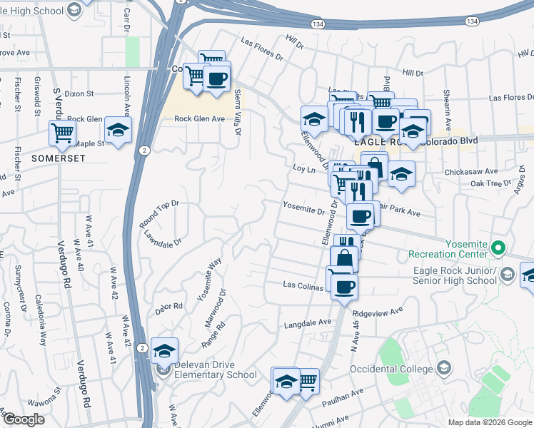 map of restaurants, bars, coffee shops, grocery stores, and more near 4836 Yosemite Way in Los Angeles