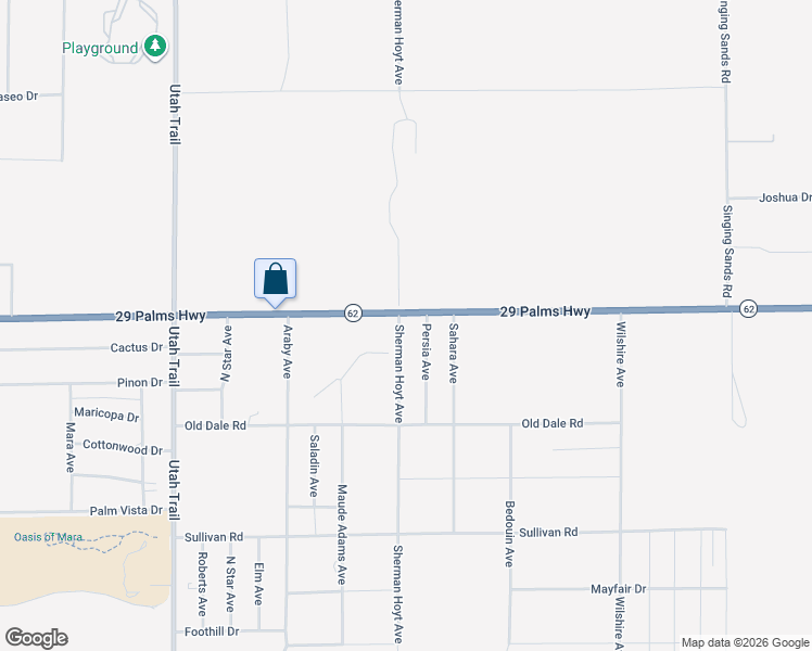 map of restaurants, bars, coffee shops, grocery stores, and more near 6511 Sherman Hoyt Avenue in Twentynine Palms