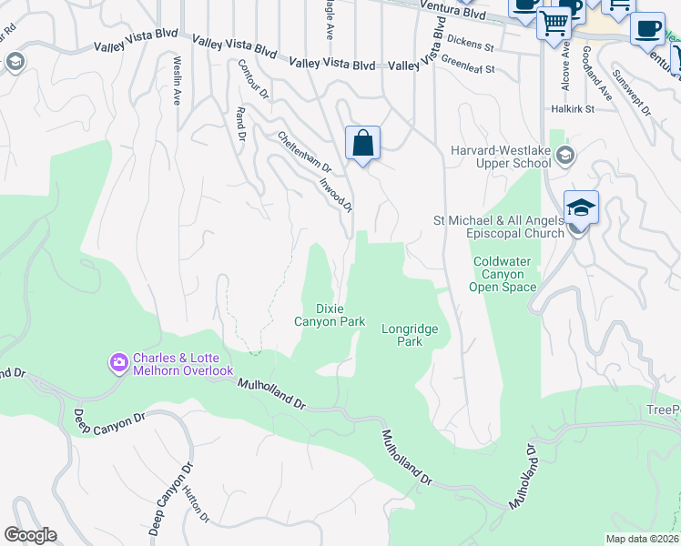 map of restaurants, bars, coffee shops, grocery stores, and more near 3601 Dixie Canyon Place in Los Angeles
