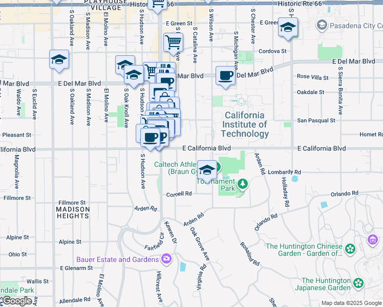 map of restaurants, bars, coffee shops, grocery stores, and more near 1000 East California Boulevard in Pasadena