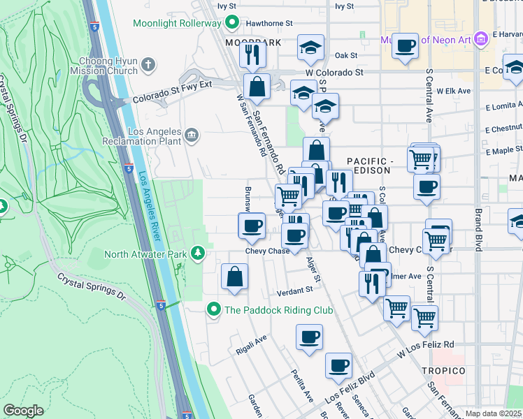 map of restaurants, bars, coffee shops, grocery stores, and more near 4147 Baywood Street in Los Angeles