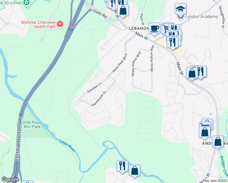 map of restaurants, bars, coffee shops, grocery stores, and more near 257 Hiawassee Drive in Woodstock
