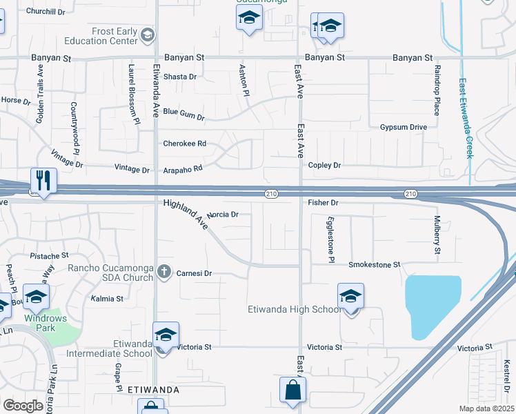 map of restaurants, bars, coffee shops, grocery stores, and more near 6513 Di Carlo Place in Rancho Cucamonga