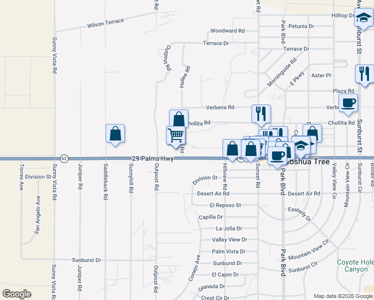 map of restaurants, bars, coffee shops, grocery stores, and more near 61416 Twentynine Palms Highway in Joshua Tree