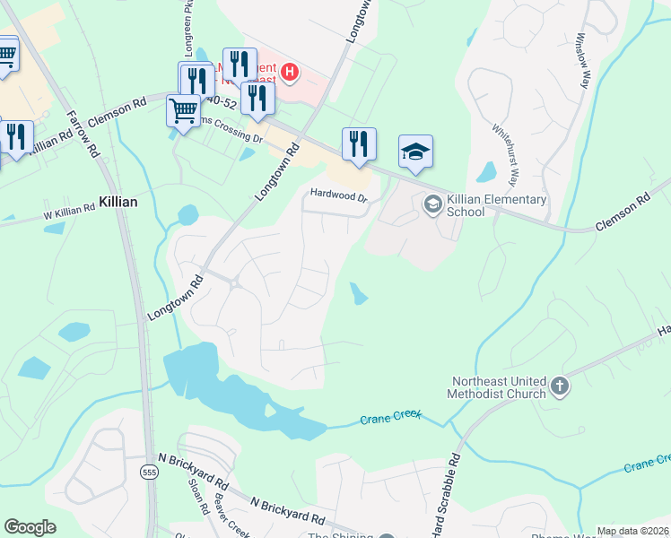 map of restaurants, bars, coffee shops, grocery stores, and more near 34 Hardwood Court in Columbia