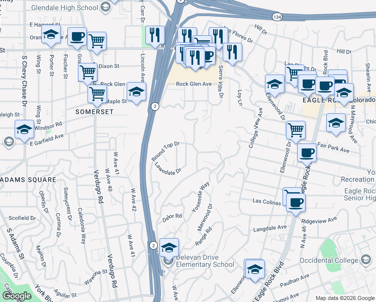 map of restaurants, bars, coffee shops, grocery stores, and more near 4540 El Reposo Drive in Los Angeles