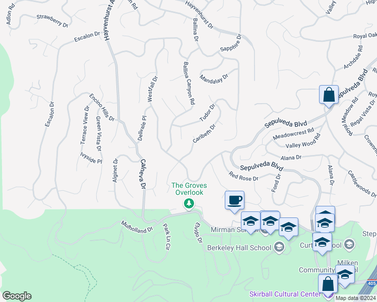 map of restaurants, bars, coffee shops, grocery stores, and more near 3529 Caribeth Drive in Los Angeles
