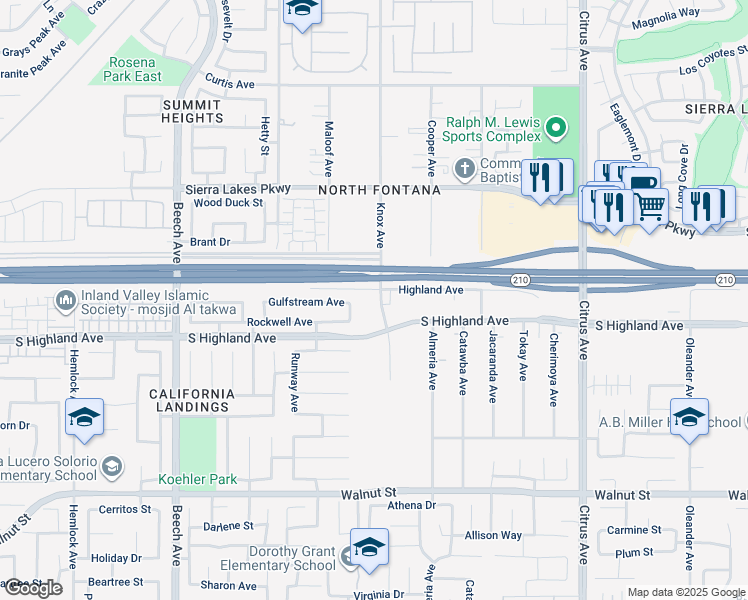 map of restaurants, bars, coffee shops, grocery stores, and more near 15707 Highland Avenue in Fontana