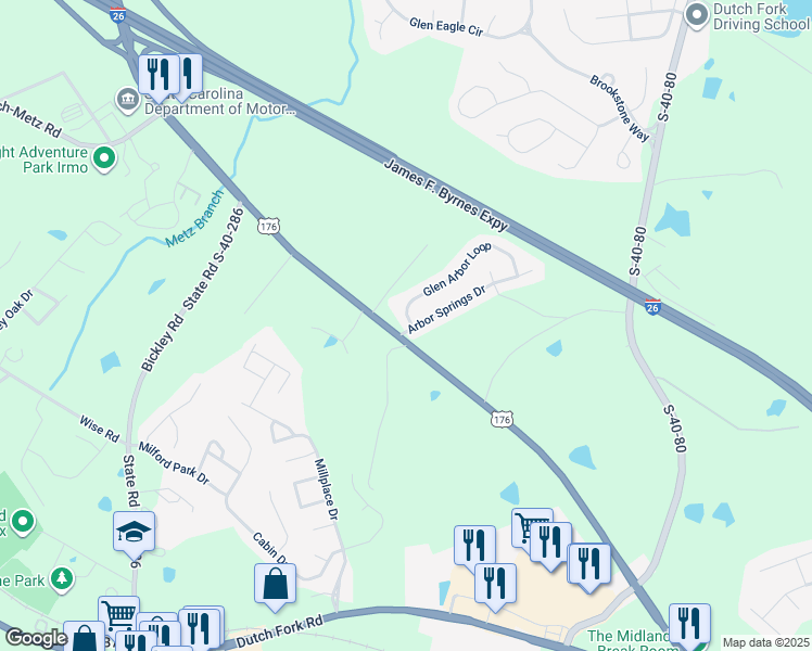 map of restaurants, bars, coffee shops, grocery stores, and more near 201 Glen Arbor Loop in Irmo