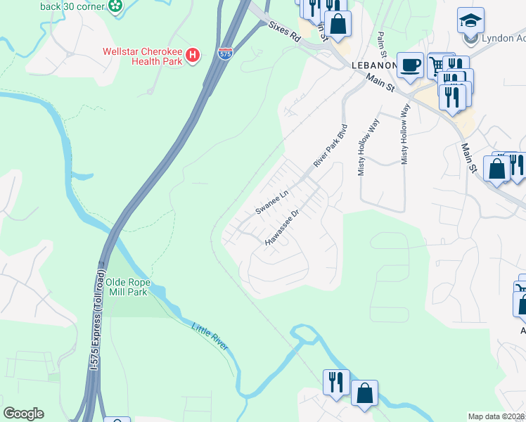map of restaurants, bars, coffee shops, grocery stores, and more near 173 Swanee Lane in Woodstock