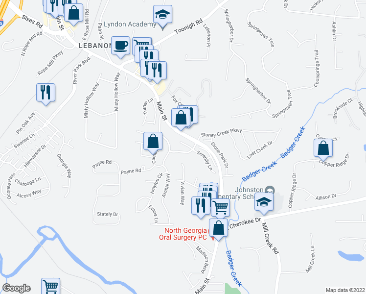 map of restaurants, bars, coffee shops, grocery stores, and more near 307 Serenity Way in Woodstock