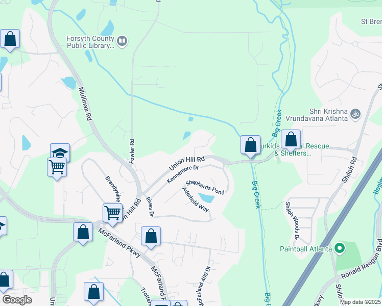 map of restaurants, bars, coffee shops, grocery stores, and more near 5335 Fairmont Glen in Alpharetta