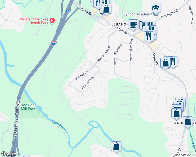 map of restaurants, bars, coffee shops, grocery stores, and more near 243 Hiawassee Drive in Woodstock