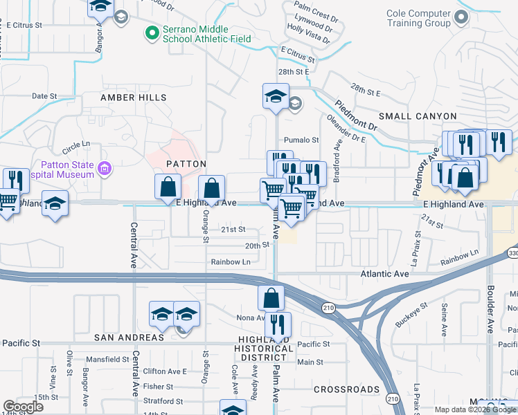 map of restaurants, bars, coffee shops, grocery stores, and more near 3553 Highland Avenue in Highland