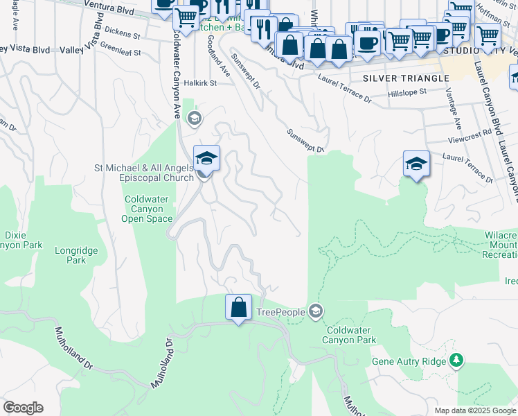 map of restaurants, bars, coffee shops, grocery stores, and more near 3911 Alta Mesa Drive in Los Angeles