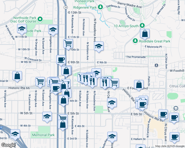 map of restaurants, bars, coffee shops, grocery stores, and more near 435 East 8th Street in Azusa