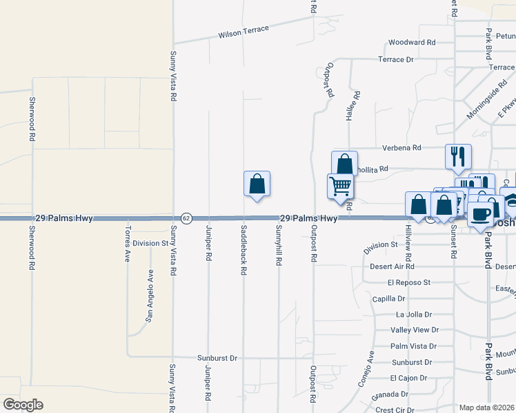map of restaurants, bars, coffee shops, grocery stores, and more near 61142 Twentynine Palms Highway in Joshua Tree