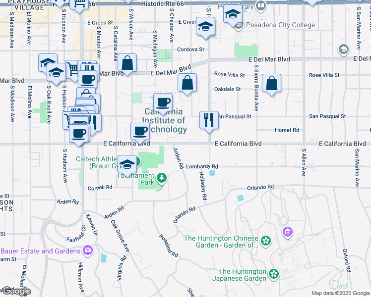 map of restaurants, bars, coffee shops, grocery stores, and more near 1308 East California Boulevard in Pasadena