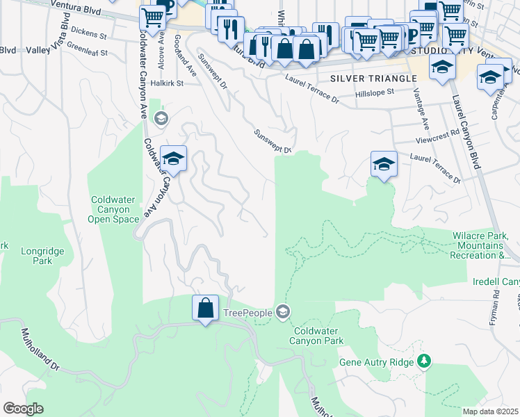 map of restaurants, bars, coffee shops, grocery stores, and more near 3619 Goodland Drive in Los Angeles