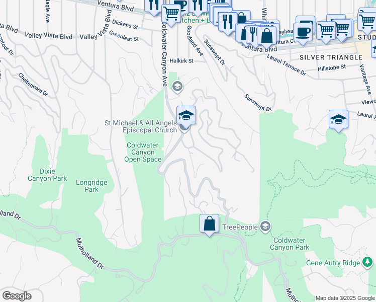 map of restaurants, bars, coffee shops, grocery stores, and more near 3981 Avenida Del Sol in Los Angeles