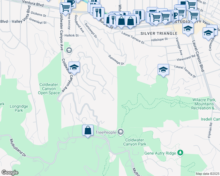 map of restaurants, bars, coffee shops, grocery stores, and more near 3619 Goodland Drive in Los Angeles