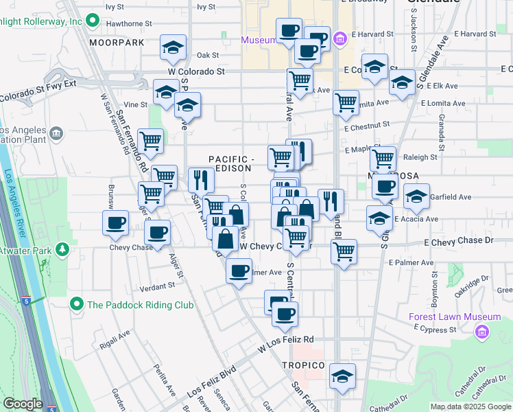 map of restaurants, bars, coffee shops, grocery stores, and more near 346 West Garfield Avenue in Glendale