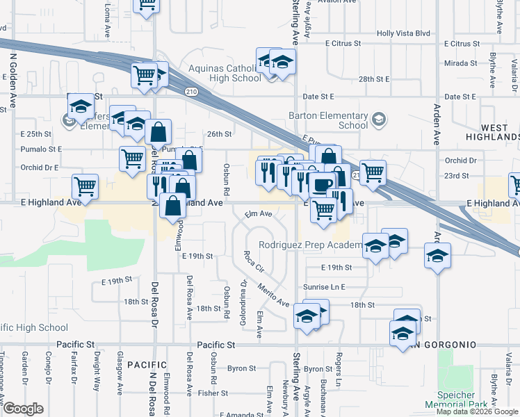 map of restaurants, bars, coffee shops, grocery stores, and more near 6521 Elm Avenue in San Bernardino
