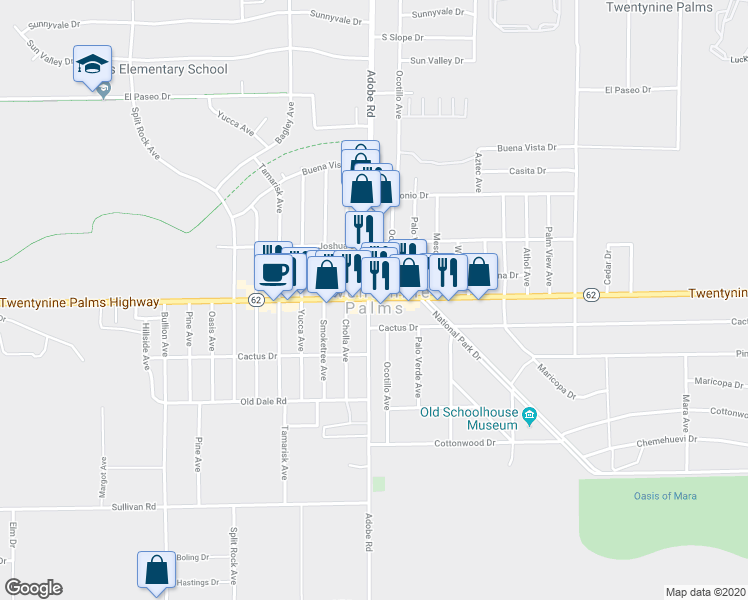map of restaurants, bars, coffee shops, grocery stores, and more near in Twentynine Palms