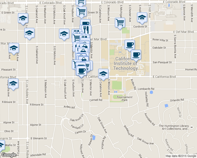 map of restaurants, bars, coffee shops, grocery stores, and more near 1000 East California Boulevard in Pasadena