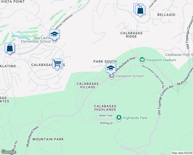 map of restaurants, bars, coffee shops, grocery stores, and more near 23777 Mulholland Highway in Calabasas