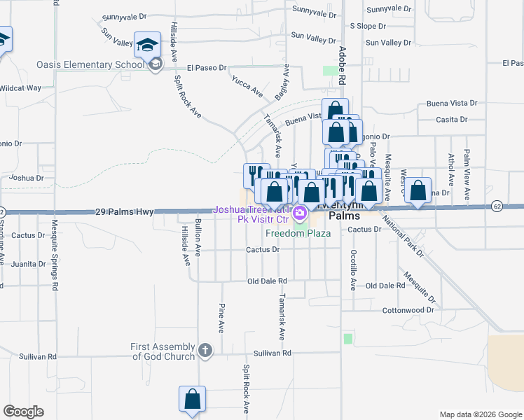 map of restaurants, bars, coffee shops, grocery stores, and more near Desert Queen Avenue in Twentynine Palms