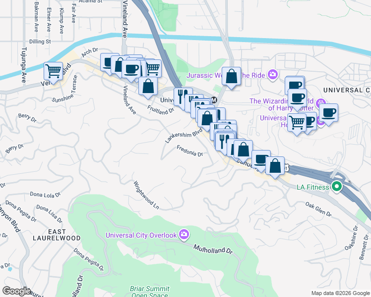 map of restaurants, bars, coffee shops, grocery stores, and more near 3946 Fredonia Drive in Los Angeles