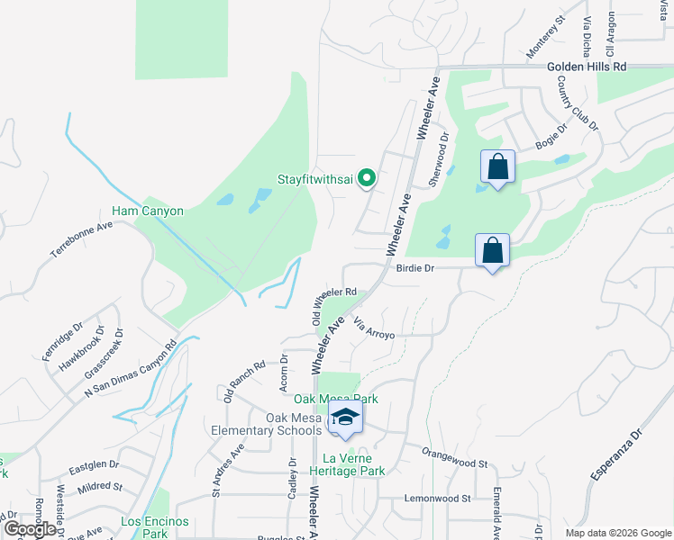 map of restaurants, bars, coffee shops, grocery stores, and more near 5951 Overholtzer Drive in La Verne