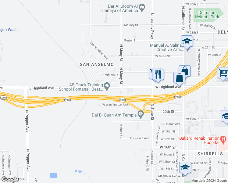 map of restaurants, bars, coffee shops, grocery stores, and more near 2241 West Highland Avenue in San Bernardino